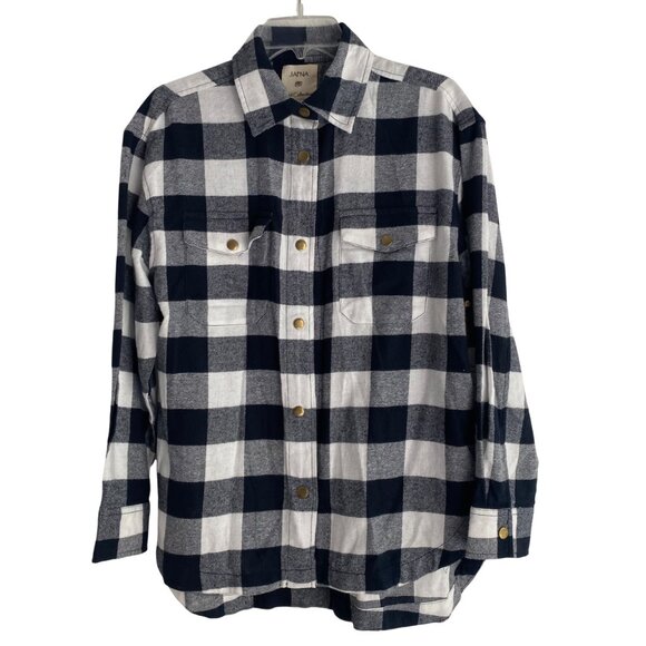 Japna Black White Plaid Flannel Button Up Top Size M – Heavy Cotton Shacket - Picture 1 of 10